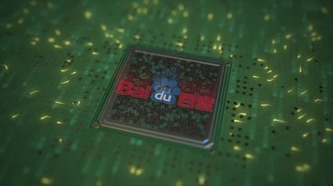 BAIDU logo on the chip on computer board. Conceptual editorial 3d rendering Stock Illustration