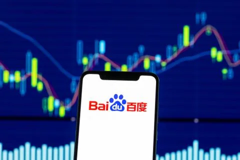 Baidu logo is seen on an android mobile phone over stock chart Stock Photos