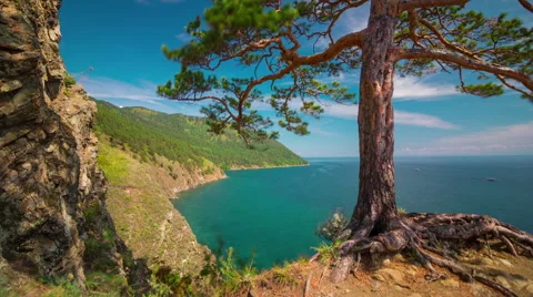 Baikal lake sun light landscape hill view panorama 4k time lapse russia Stock Footage 48550153