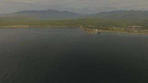 Baikal shore - high angle aerial shot Stock Footage 80553536