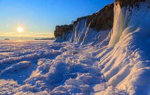 Baikal in winter at dawn Stock Photos