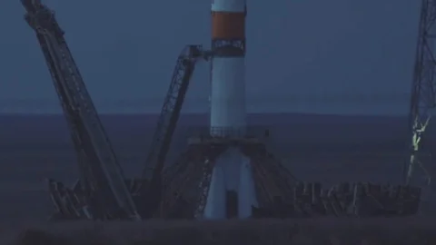 BAIKONUR, KAZAKHSTAN - JULE 28: Russian rocket take off. The spacecraft launches Stock Footage