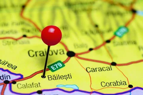 Bailesti pinned on a map of Romania Foto stock