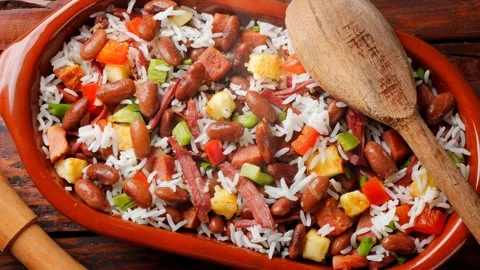 Baio de Dois in a ceramic bowl, a typical dish of Brazilian northeastern Stock Footage 334354216