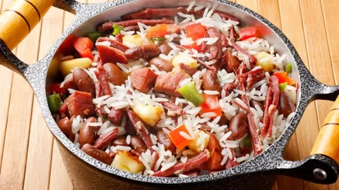 Baio de Dois in a rustic pot, a typical dish of Brazilian northeastern cuis.. Stock-Footage 334354280