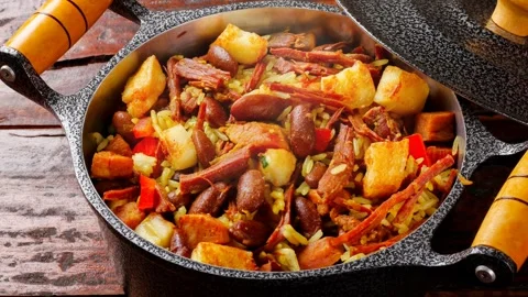 Baio de Dois served in a cast iron pot with a wooden handle. Video stock 334354399
