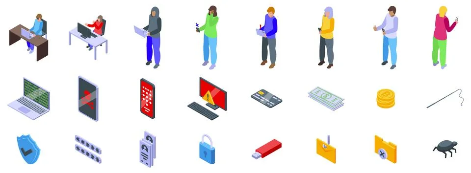 Bait hacking icons set. Isometric icons representing various cyber security t Stock Illustration