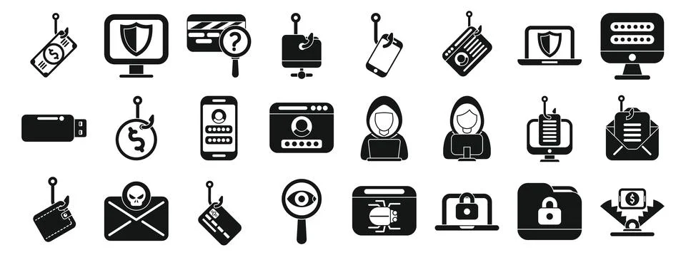 Bait hacking icons set. Various phishing and cyber security threats compromis Stock Illustration