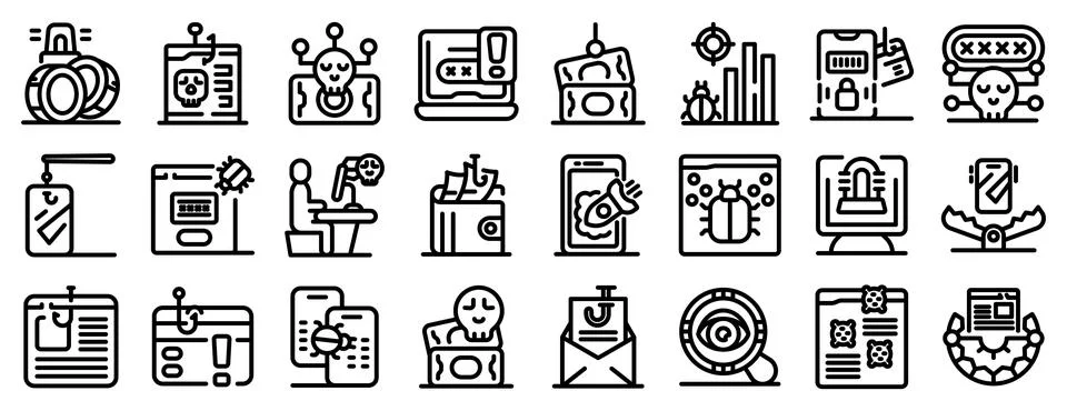 Bait hacking icons set. Various cyber security threats, phishing scams, and o Stock Illustration