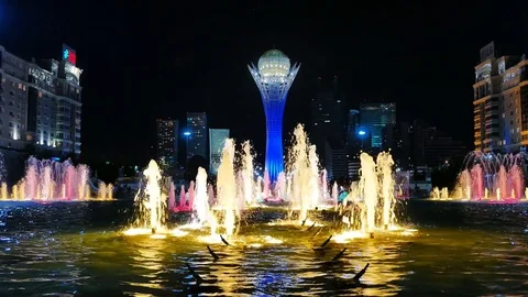 Baiterek - The central Landmark of the new Astana, in the light of night lights Stock Footage