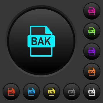 BAK file format dark push buttons with color icons Stock Illustration