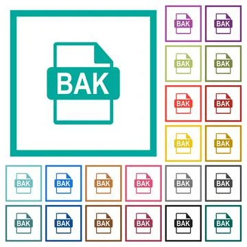 BAK file format flat color icons with quadrant frames Stock Illustration