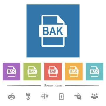 BAK file format flat white icons in square backgrounds Stock Illustration