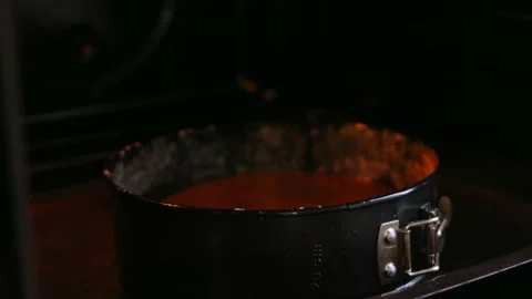 Bake the chocolate cake batter in the oven. 4k video Stock Footage 164574618