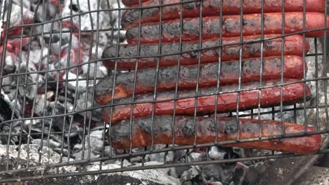Bake sausages on the fire Stock Footage 142347903
