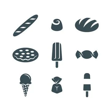 Bake shop products bread sweets ice cream pizza Stock Illustration