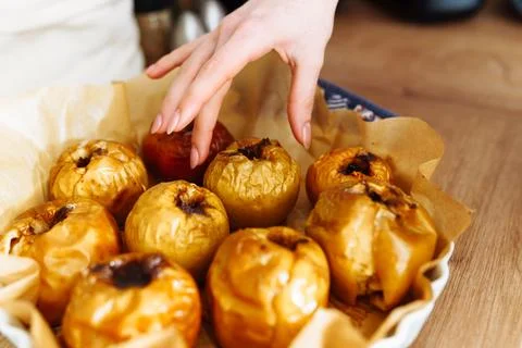 Baked apples with cinnamon sugar Stock Photos