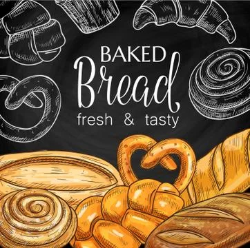 Baked bread and pastry chalkboard sketch vector Stock Illustration