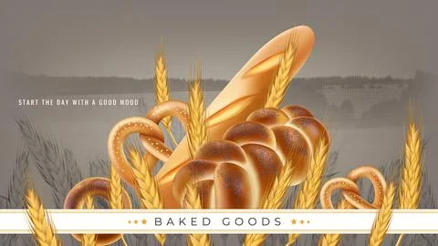 Baked bread background. Bakery banner, pastry realistic elements. Soft, freshly Illustrazione stock