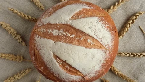 Baked bread. Loaf of Bread. Fresh Bakery Products. Top View. Video stock 220325755