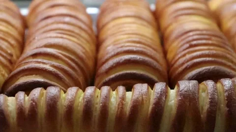 Baked bread rolls macro video showing uniform cylindrical loaves Stock Footage 338164540