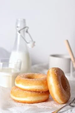 Baked Breakfast Donuts On Minimal Table Stock Photos