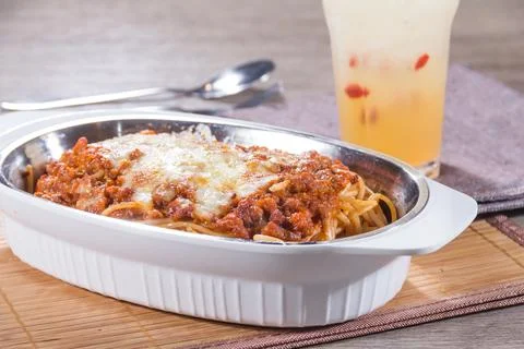 Baked Cheese Spaghetti Foto stock