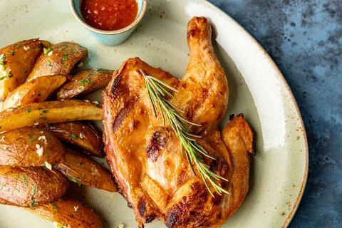 Baked chicken and pea pods in pan with potatoes and tomatoes Stock Photos