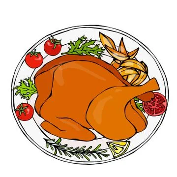 Baked Chicken or Roasted Turkey on a Plate with Potato Wedges, Tomatoes and H Stock Illustration