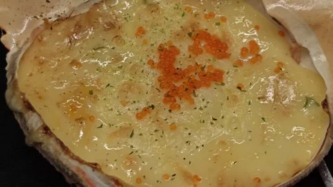 Baked Crab Shell with Creamy Cheese Topping and Red Caviar, Extreme Close-up Stock-Footage 344744693