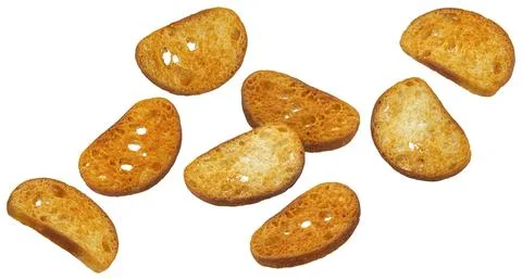 Baked crackers, round bread croutons isolated on white background Stock Photos