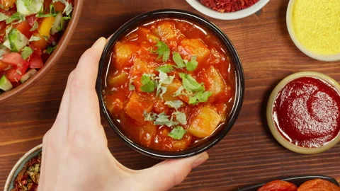 Baked eggplant, vegetables in tomato sauce, vegetarian food. Middle eastern Stock Footage 166319789