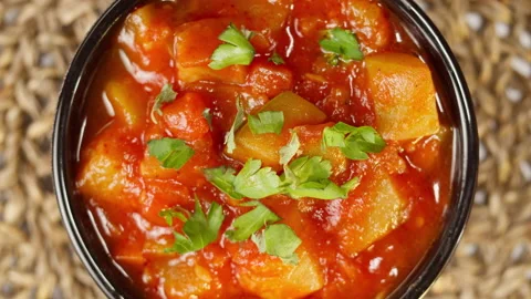 Baked eggplant, vegetables in tomato sauce, vegetarian food. Middle eastern Stock Footage 166321000