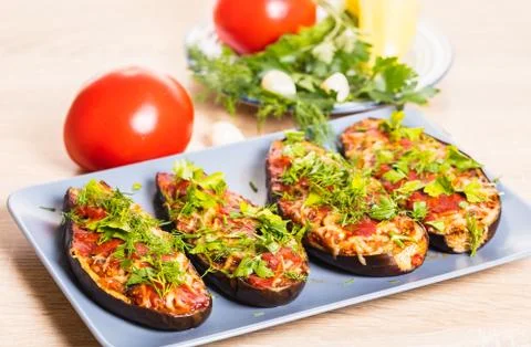 Baked eggplants with cheese Stock Photos