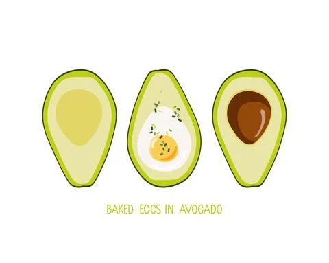 Baked Eggs in Avocado. Avocado fruit with egg and spring onion. Home healthy Stock Illustration