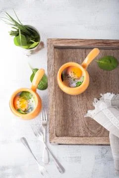 Baked eggs with spinach Stock Photos