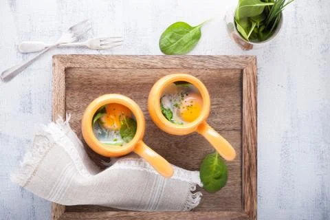 Baked eggs with spinach Stock Photos