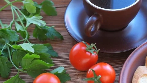Baked eggs in tomato cups. Breakfast. Stock Footage 70131553