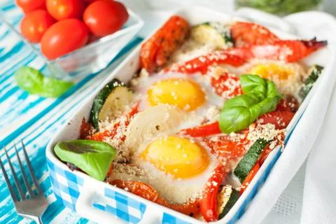 Baked eggs with vegetables Stock Photos
