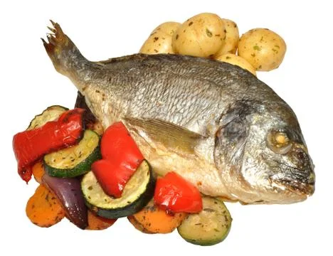 Baked Fish And Roasted Vegetables Stock Photos