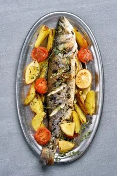 Baked fish, top view Stock Photos