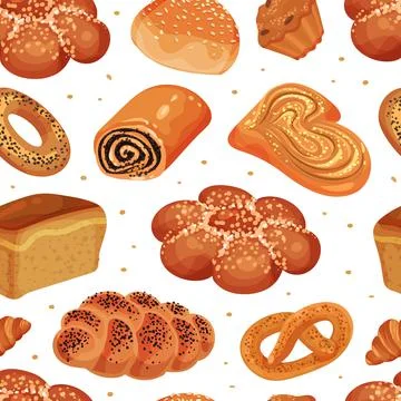Baked Food Seamless Pattern with Bread Loaf and Sweet Pastry as Bakery Product 스톡 일러스트