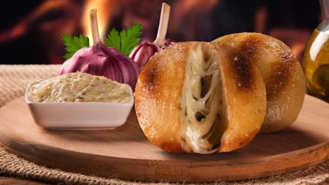 Baked Garlic bread and cheese on the table with fire background. Brazilian Ba Video stock 142234465