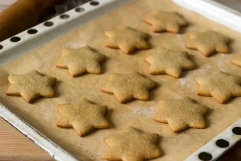 Baked gingerbread on baking sheet without decoration. Stock Photos