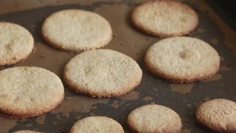 Baked gingerbread cookies. On a baking sheet with a non-stick mat. Close-up. Stock Footage 196983351