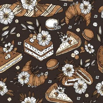Baked good cake pie bread macaron seamless pattern vector イラスト素材