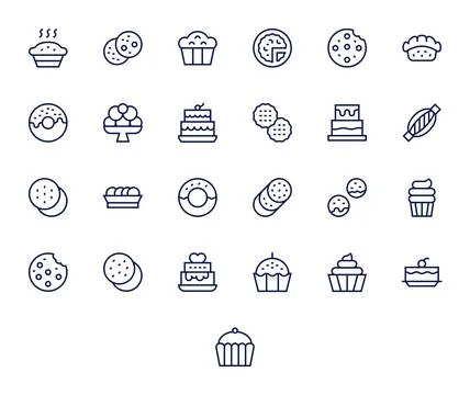 Baked Goods Design Vector Icons featuring 25 Display Perfect Regular Line Sty Stock Illustration