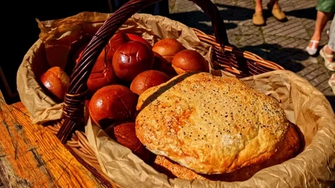 Baked goods large load buns pantry wheat ciabatta sourdough no additives staple Stock Footage 315260333