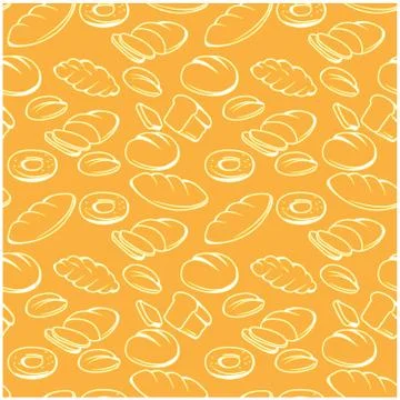 Baked goods seamless pattern - bread, buns and rolls with slices Illustrazione stock