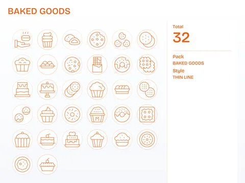 Baked Goods Vector Icon Collection featuring 32 Editable High Resolution Th.. Stock Illustration